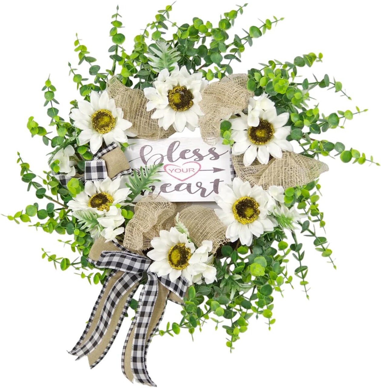 Spring Wreaths for Front Door, 24" Artificial Eucalyptus & White Sunflower Wreath – Rustic Farmhouse “Bless Your Heart” Door Decor for Spring, Summer & Year-Round